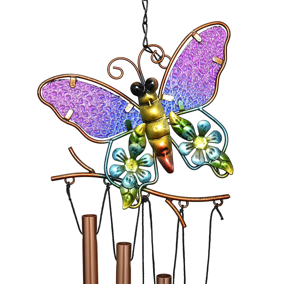 Purple, Blue with Multi Color Iron and Glass Wind Chime - Butterfly image number 2