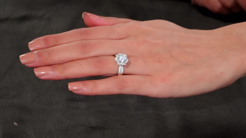 Crisantemo Cut Moissanite (Rnd 8mm) Ring in Rhodium Over Sterling Silver (Size 5.0) 2.60 ctw