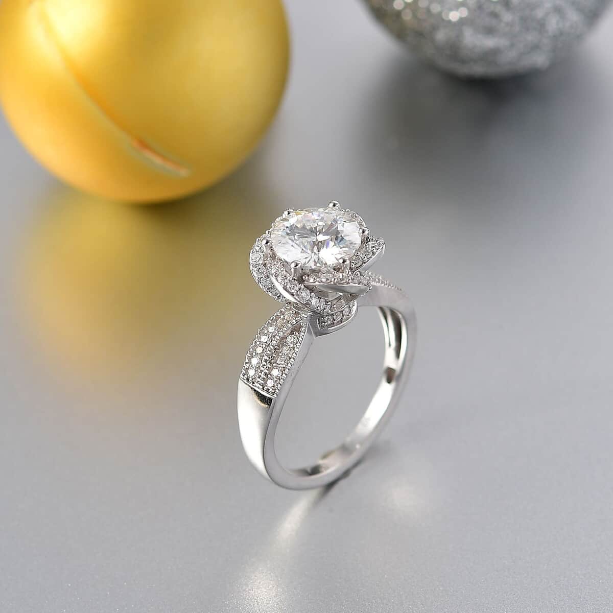 Crisantemo Cut Moissanite 2.60 ctw Floral Cascade Ring in Rhodium Over Sterling Silver (Size 10.0) image number 1