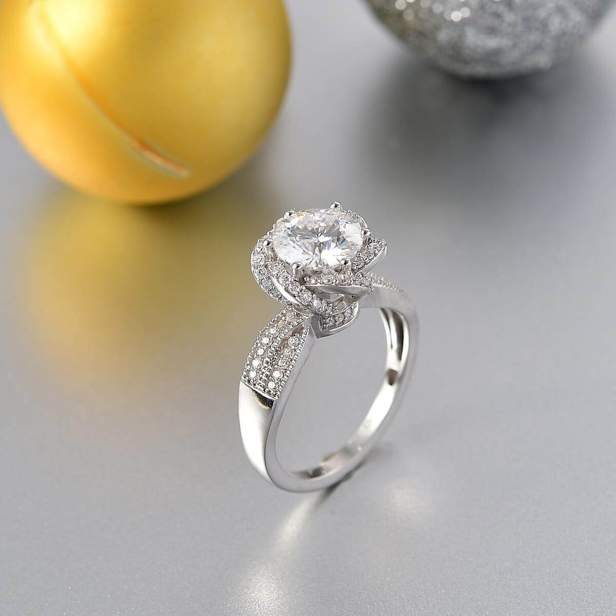 Crisantemo Cut Moissanite 2.60 ctw Floral Cascade Ring in Rhodium Over Sterling Silver (Size 5.0) image number 1