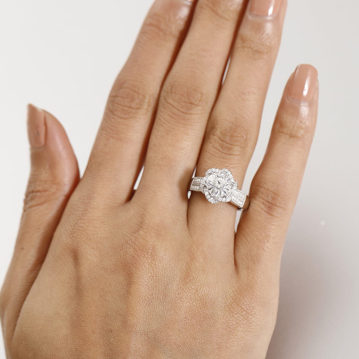 Crisantemo Cut Moissanite 2.60 ctw Floral Cascade Ring in Rhodium Over Sterling Silver (Size 5.0) image number 2