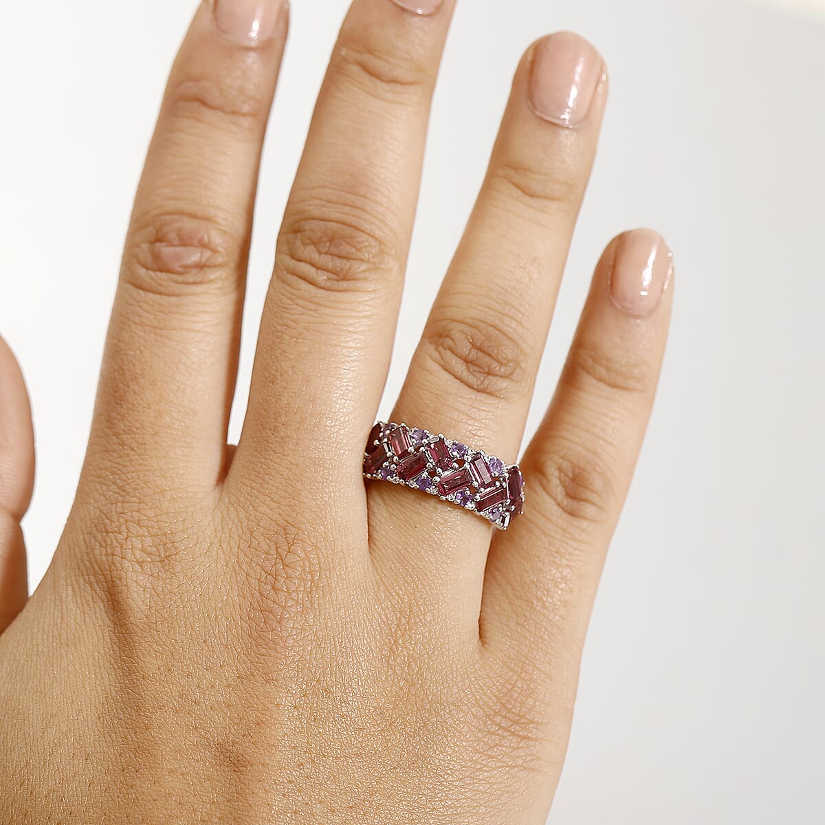Premium Orissa Rhodolite Garnet, Multi Gemstone Mosaic Ring in Rhodium Over Sterling Silver (Size 10.0) 3.40 ctw image number 2