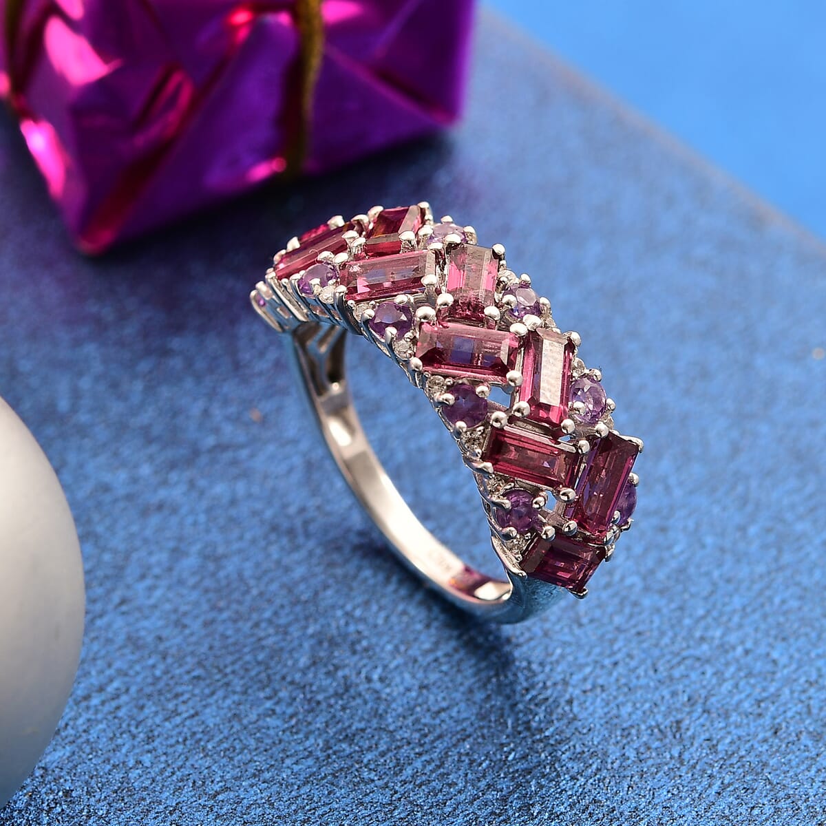 Premium Orissa Rhodolite Garnet and Multi Gemstone 3.40 ctw Mosaic Ring in Rhodium Over Sterling Silver (Size 5.0) image number 1