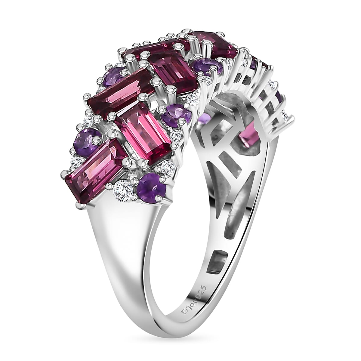 D'Joy Premium Orissa Rhodolite Garnet and Multi Gemstone 3.40 ctw Mosaic Ring in Rhodium Over Sterling Silver (Size 8.0) image number 3