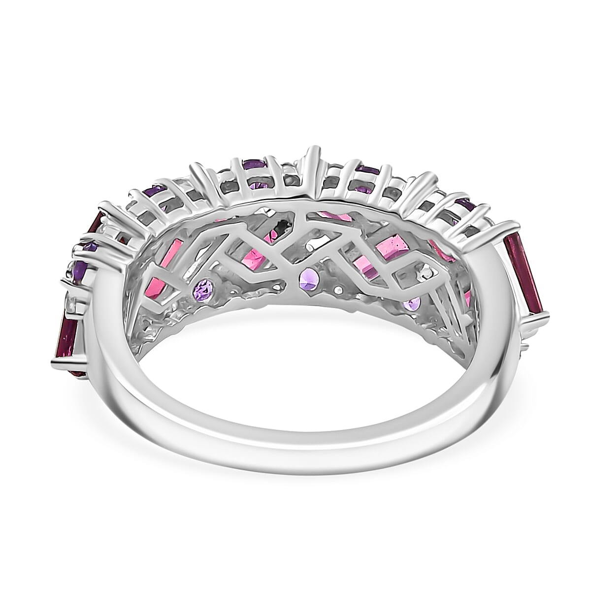 D'Joy Premium Orissa Rhodolite Garnet and Multi Gemstone 3.40 ctw Mosaic Ring in Rhodium Over Sterling Silver (Size 8.0) image number 4