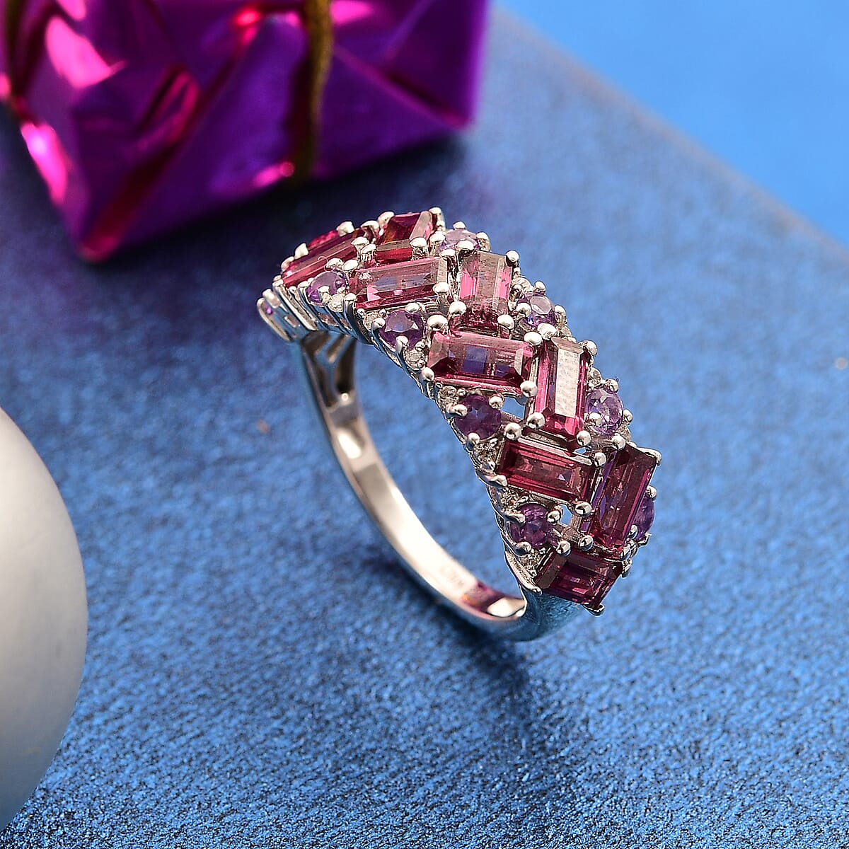 Premium Orissa Rhodolite Garnet, Multi Gemstone Mosaic Ring in Rhodium Over Sterling Silver (Size 10.0) 3.40 ctw image number 1