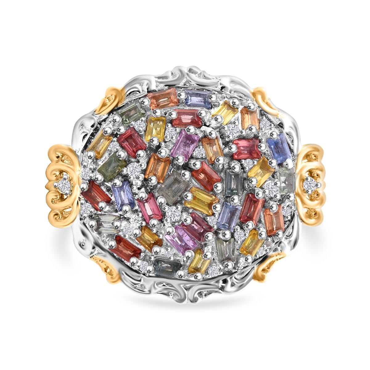 Multi Sapphire and White Zircon 4.15 ctw Prism Blossom Ring in 18K Vermeil YG and Rhodium Over Sterling Silver (Size 10.0) image number 0