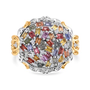 Multi Sapphire and White Zircon 4.15 ctw Prism Blossom Ring in 18K Vermeil YG and Rhodium Over Sterling Silver (Size 10.0)