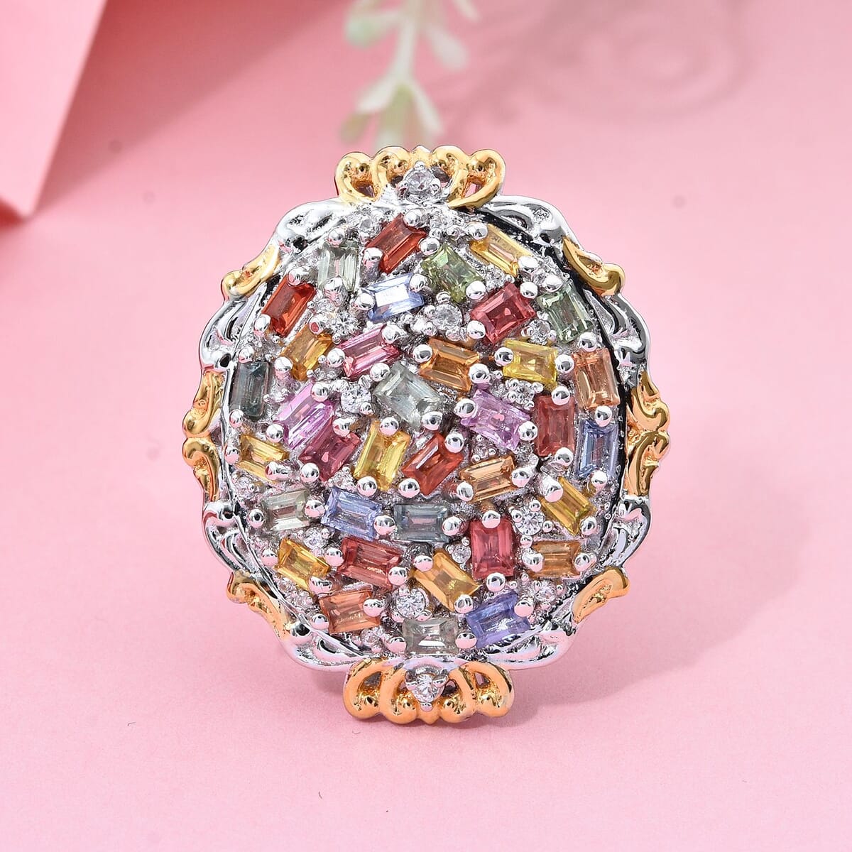 Multi Sapphire and White Zircon 4.15 ctw Prism Blossom Ring in 18K Vermeil YG and Rhodium Over Sterling Silver (Size 10.0) image number 1