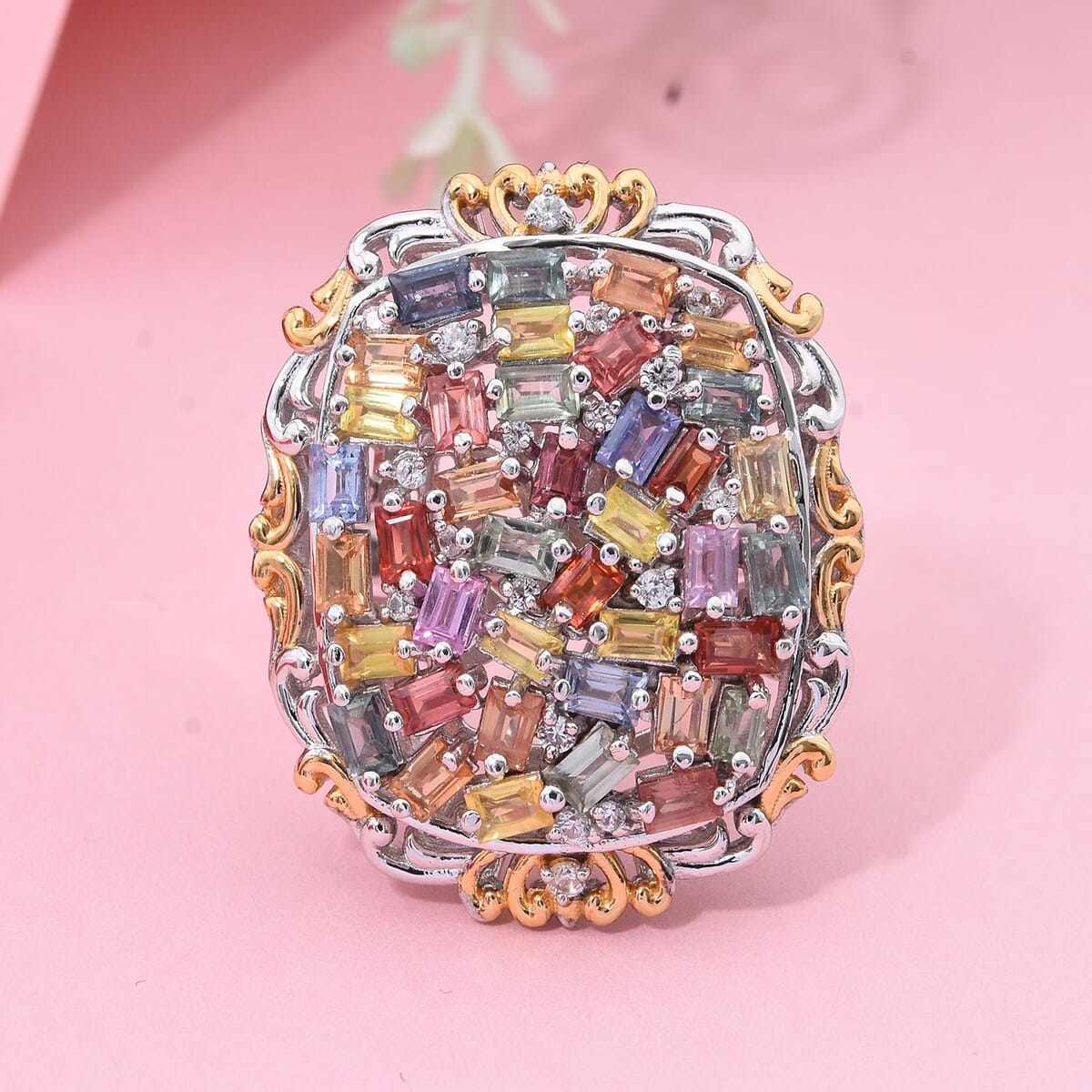 Multi Sapphire and White Zircon 4.40 ctw Prism Blossom Ring in 18K Vermeil YG and Ring in Rhodium Over Sterling Silver (Size 10.0) image number 0