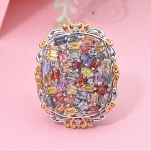 Multi Sapphire and White Zircon 4.40 ctw Prism Blossom Ring in 18K Vermeil YG and Ring in Rhodium Over Sterling Silver (Size 10.0)