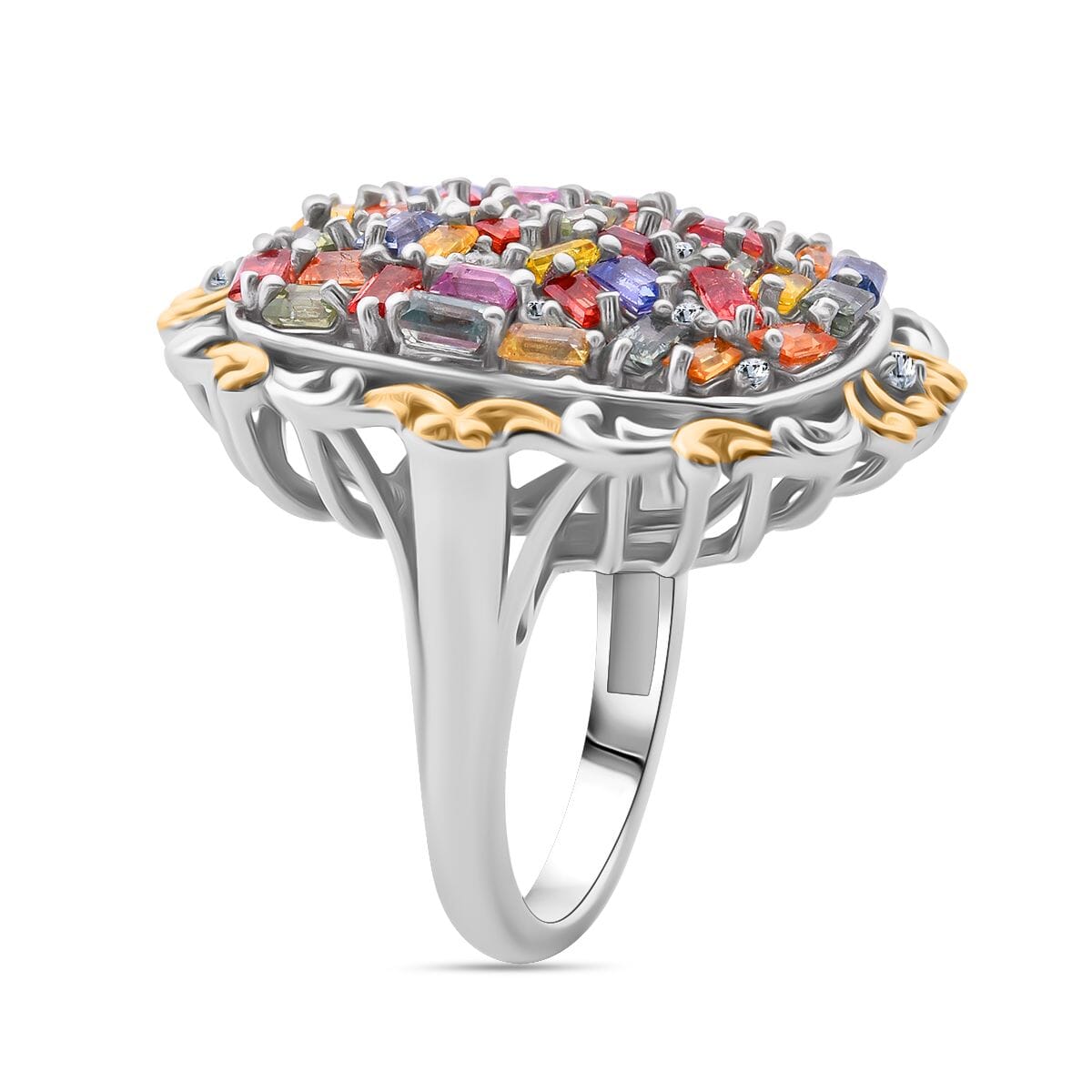 Multi Sapphire and White Zircon 4.40 ctw Prism Blossom Ring in 18K Vermeil YG and Ring in Rhodium Over Sterling Silver (Size 6.0) image number 1