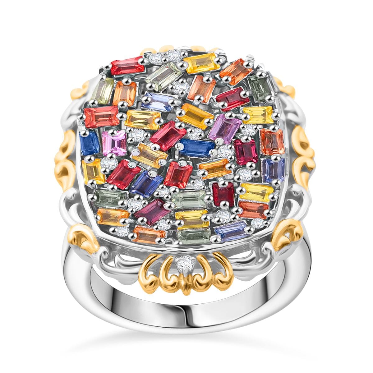 Multi Sapphire and White Zircon 4.40 ctw Prism Blossom Ring in 18K Vermeil YG and Ring in Rhodium Over Sterling Silver (Size 8.0) image number 0