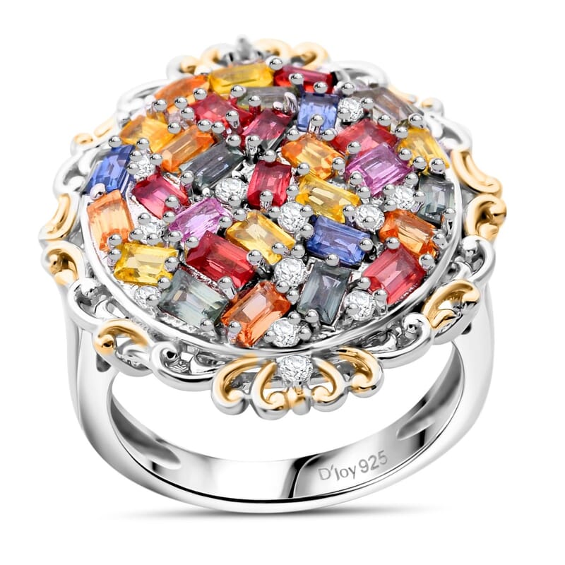Multi Sapphire and White Zircon 3.50 ctw Prism Blossom Ring in 18K Vermeil YG and Rhodium Over Sterling Silver (Size 10.0)