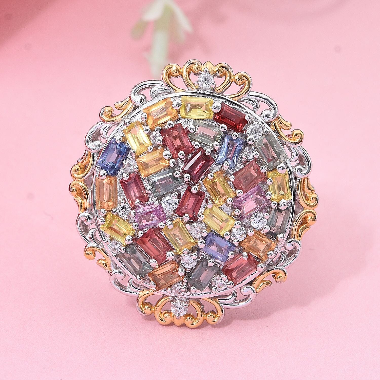 Multi Sapphire and White Zircon 3.50 ctw Prism Blossom Ring in 18K Vermeil YG and Rhodium Over Sterling Silver (Size 10.0)