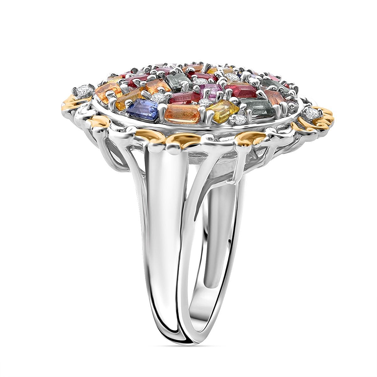 Multi Sapphire and White Zircon 3.50 ctw Prism Blossom Ring in 18K Vermeil YG and Rhodium Over Sterling Silver (Size 10.0)