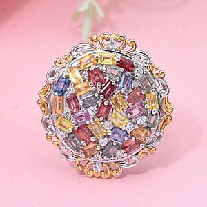 Multi Sapphire and White Zircon 3.50 ctw Prism Blossom Ring in 18K Vermeil YG and Rhodium Over Sterling Silver (Size 8.0)