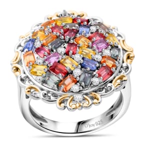 Multi Sapphire and White Zircon 3.50 ctw Prism Blossom Ring in 18K Vermeil YG and Rhodium Over Sterling Silver (Size 9.0)