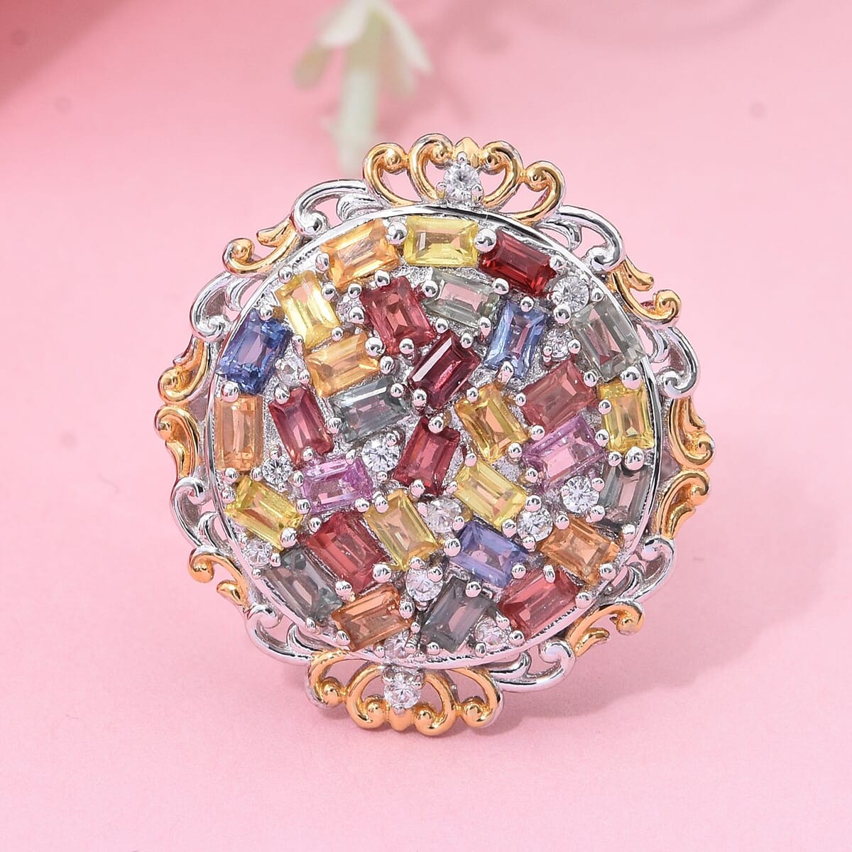 Multi Sapphire and White Zircon 3.50 ctw Prism Blossom Ring in 18K Vermeil YG and Rhodium Over Sterling Silver (Size 9.0) image number 1