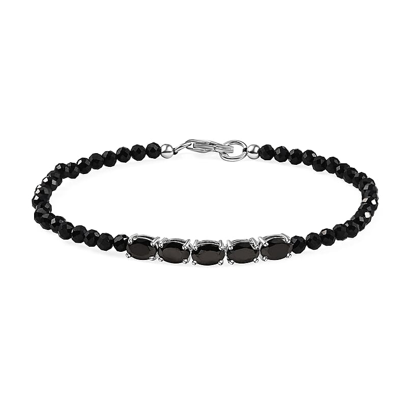 D'Joy Elite Shungite and Thai Black Spinel Beaded 14.70 ctw Bracelet in Rhodium Over Sterling Silver (7.25 In)