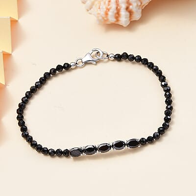 D'Joy Elite Shungite and Thai Black Spinel Beaded 14.70 ctw Bracelet in Rhodium Over Sterling Silver (7.25 In)