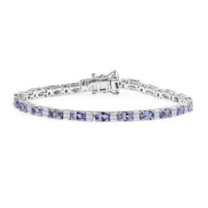 Tanzanite and Moissanite 6.15 ctw Radiance Tennis Bracelet in Rhodium Over Sterling Silver (6.50 In)