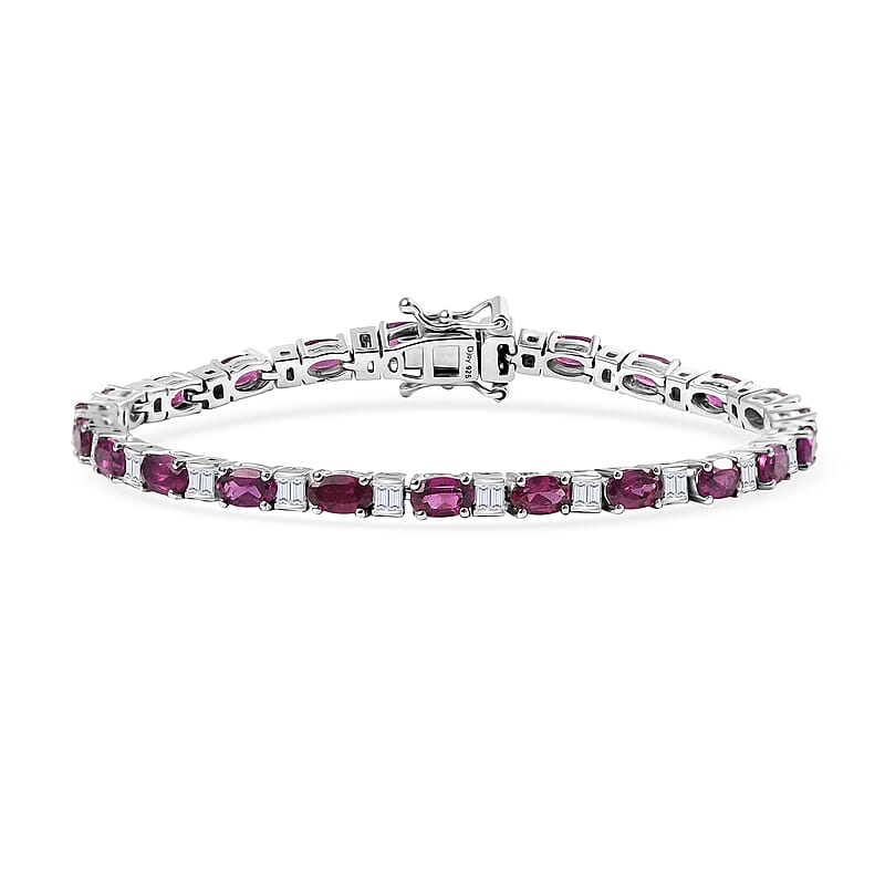D'Joy Radiant Ember Garnet and Moissanite 7.65 ctw Radiance Tennis Bracelet in Rhodium Over Sterling Silver (6.50 In)