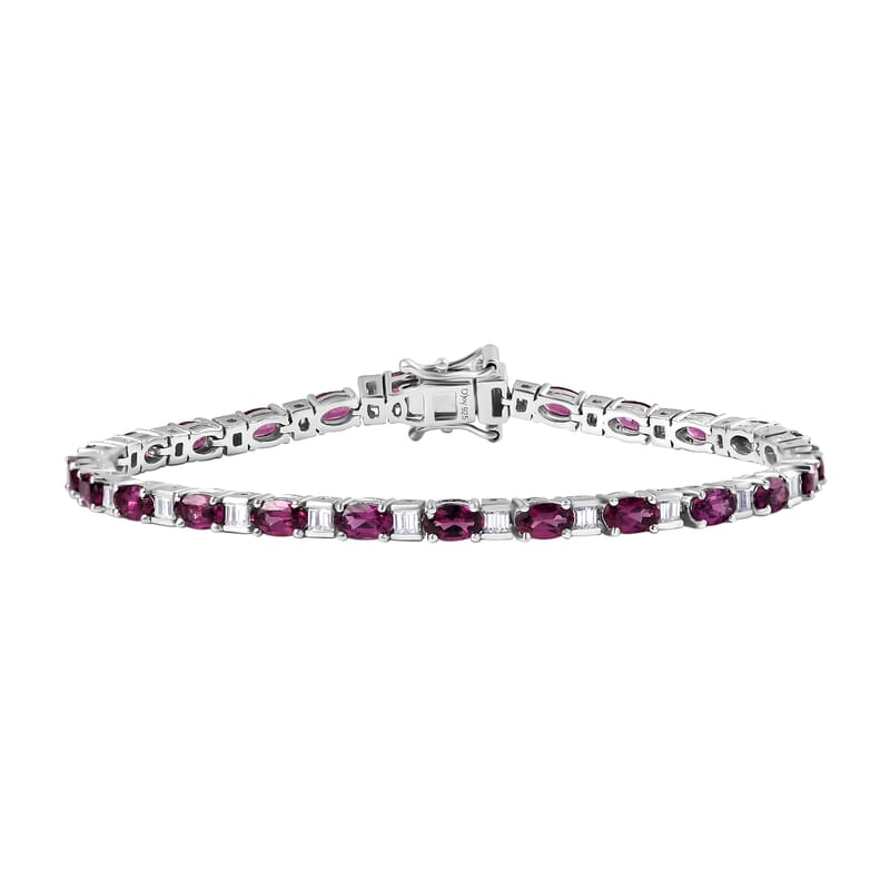 D'Joy Radiant Ember Garnet and Moissanite 8.35 ctw Radiance Tennis Bracelet in Rhodium Over Sterling Silver (7.25 In)