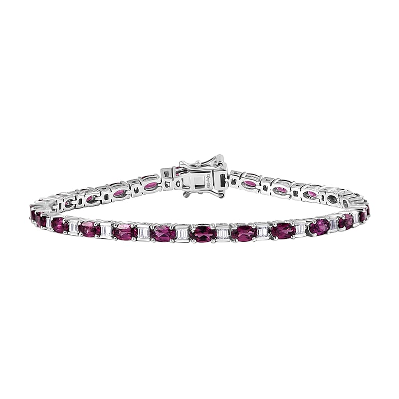 D'Joy Radiant Ember Garnet and Moissanite 8.35 ctw Radiance Tennis Bracelet in Rhodium Over Sterling Silver (7.25 In)