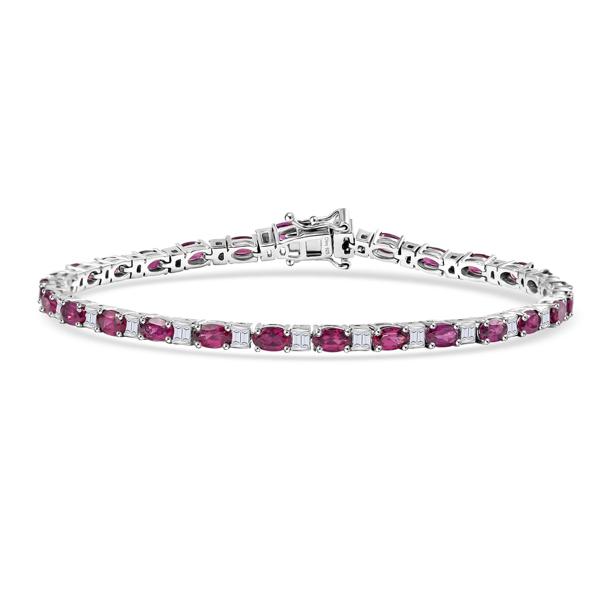 Radiant Ember Garnet and Moissanite 9.40 ctw Radiance Tennis Bracelet in Rhodium Over Sterling Silver (8.00 In) image number 0