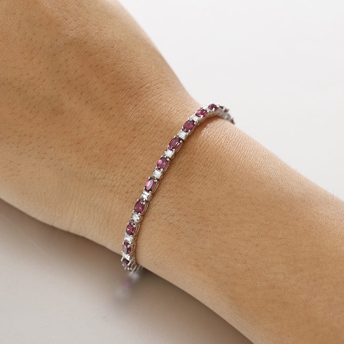 Radiant Ember Garnet and Moissanite 9.40 ctw Radiance Tennis Bracelet in Rhodium Over Sterling Silver (8.00 In) image number 2