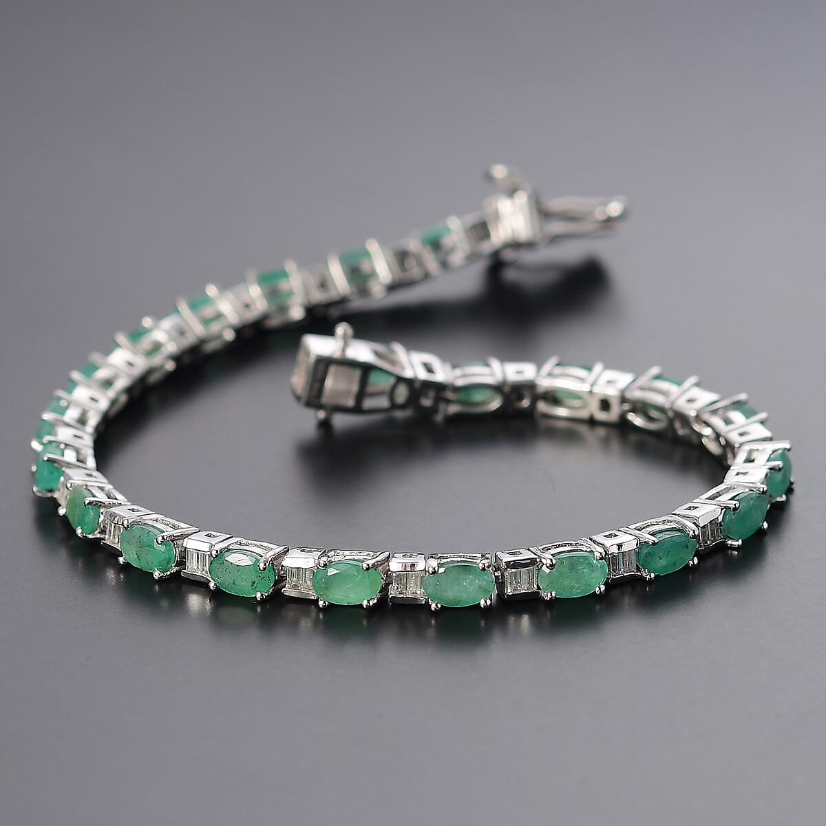 D'Joy Brazilian Emerald and Moissanite 5.75 ctw Radiance Tennis Bracelet in Rhodium Over Sterling Silver (6.50 In) image number 1