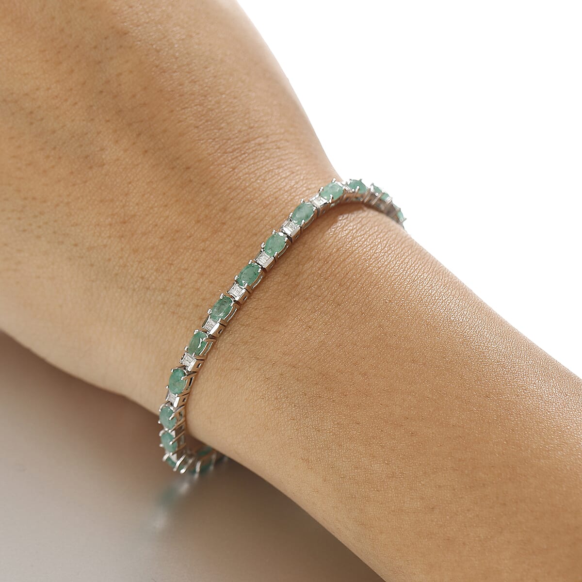 D'Joy Brazilian Emerald and Moissanite 5.75 ctw Radiance Tennis Bracelet in Rhodium Over Sterling Silver (6.50 In) image number 2