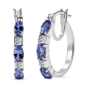 Tanzanite and Moissanite 1.50 ctw Radiance Hoop Earrings in Rhodium Over Sterling Silver