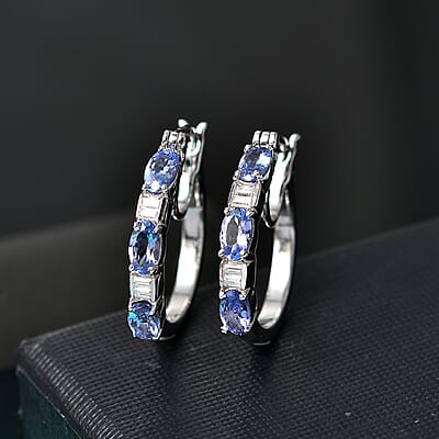 D'Joy Tanzanite and Moissanite 1.50 ctw Radiance Hoop Earrings in Rhodium Over Sterling Silver