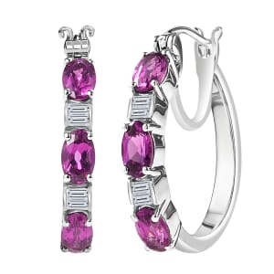 Radiant Ember Garnet and Moissanite 1.90 ctw Radiance Hoop Earrings in Rhodium Over Sterling Silver