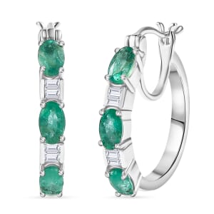 Brazilian Emerald and Moissanite 1.50 ctw Radiance Hoop Earrings in Rhodium Over Sterling Silver