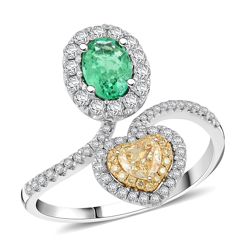 Modani Emerald, Natural Yellow and White Diamond (F-G, VS) Toi Et Moi Ring in 950 Platinum and 18K Yellow Gold 1.54 ctw (Size 10.0)