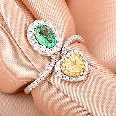 Modani Emerald, Natural Yellow and White Diamond (F-G, VS) Toi Et Moi Ring in 950 Platinum and 18K Yellow Gold 1.54 ctw (Size 10.0)