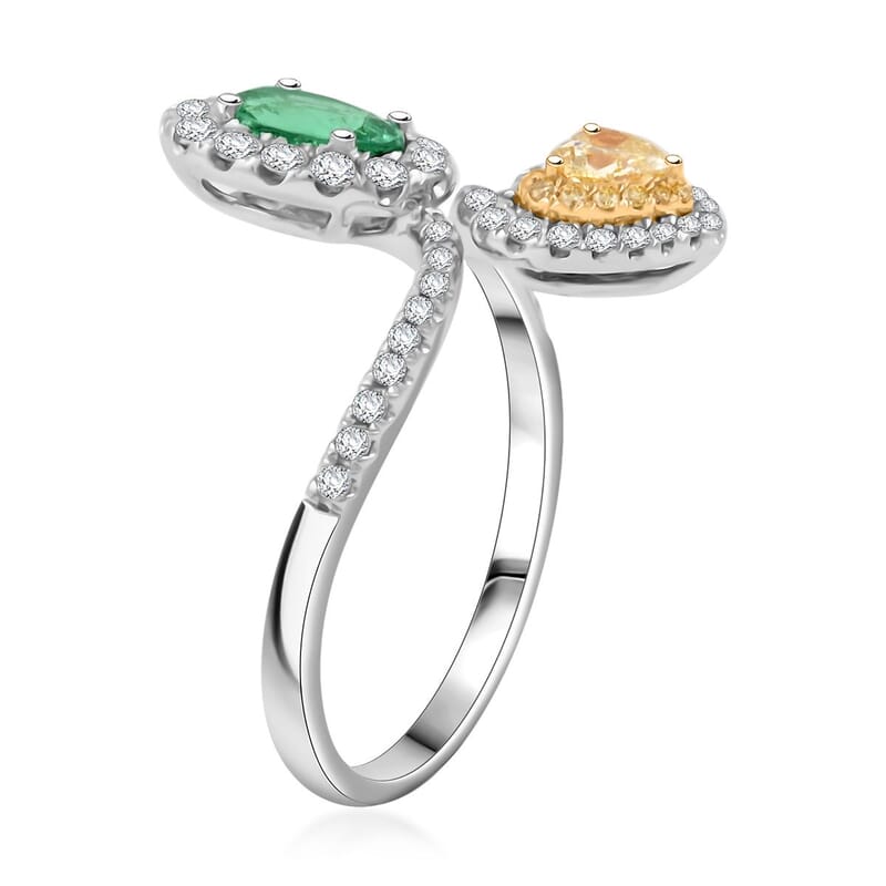 Modani Emerald, Natural Yellow and White Diamond (F-G, VS) Toi Et Moi Ring in 950 Platinum and 18K Yellow Gold 1.54 ctw (Size 10.0)