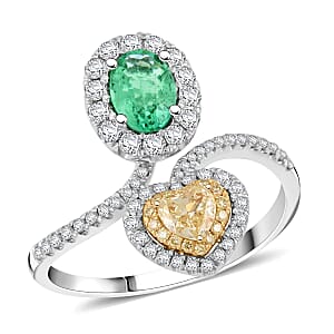 Modani Emerald, Natural Yellow and White Diamond F-G, VS 1.54 ctw Ring in 950 Platinum and 18K Yellow Gold (Size 6.0) 5.40 Grams