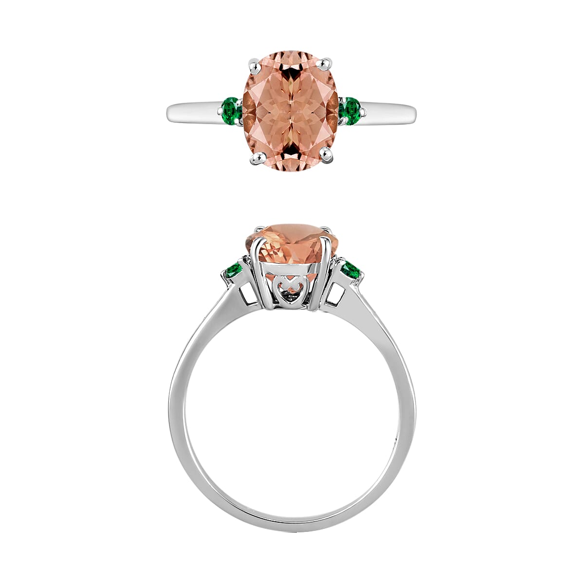 Rhapsody 950 Platinum AAAA Marropino Morganite and Boyaca Colombian Emerald Ring (Size 4.0) 5.50 Grams 2.50 ctw (Del. in 10-12 Days) image number 2