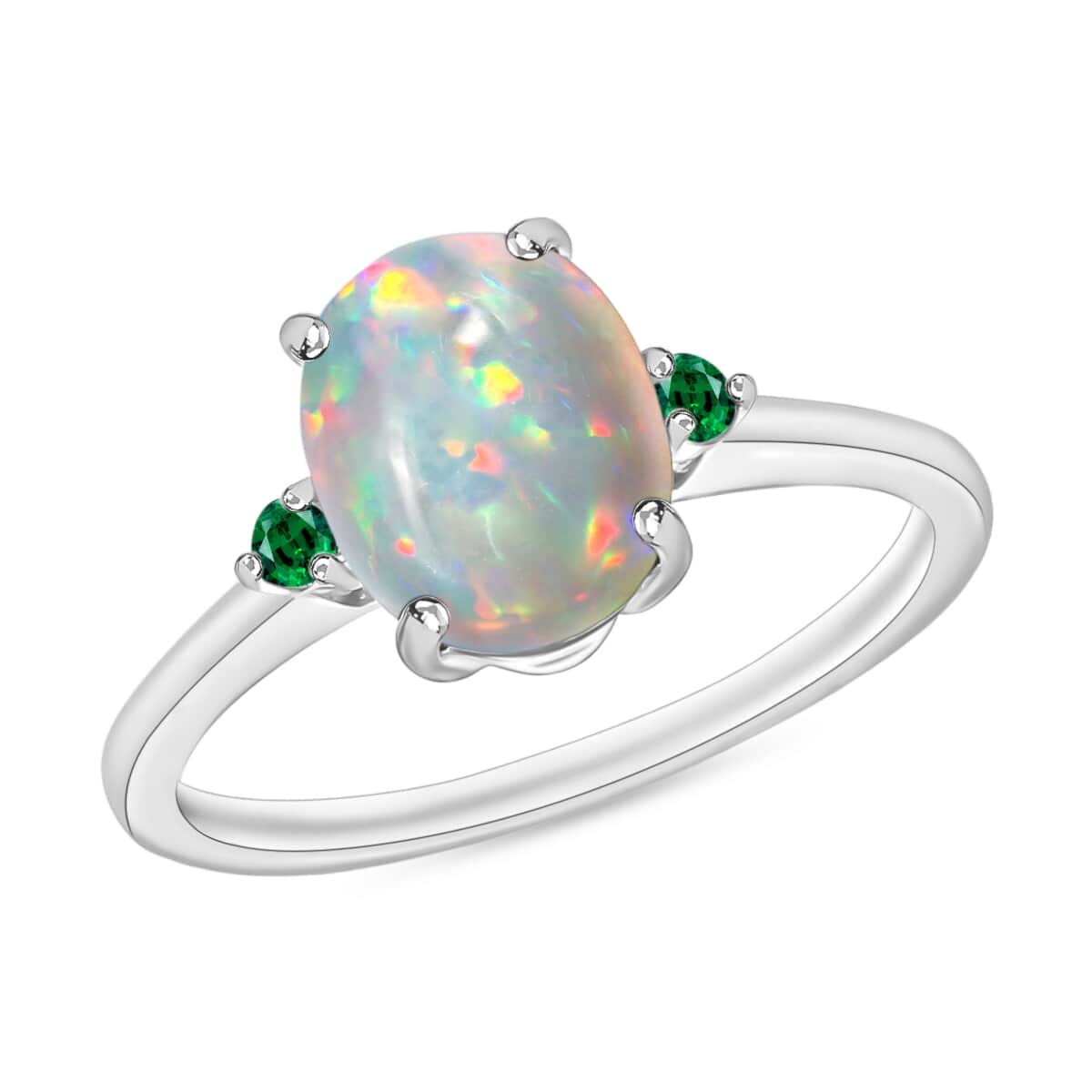 Luxoro 14K White Gold Premium Ethiopian Welo Opal and Boyaca Colombian Emerald Ring (Size 4.0) 4 Grams 1.30 ctw image number 0