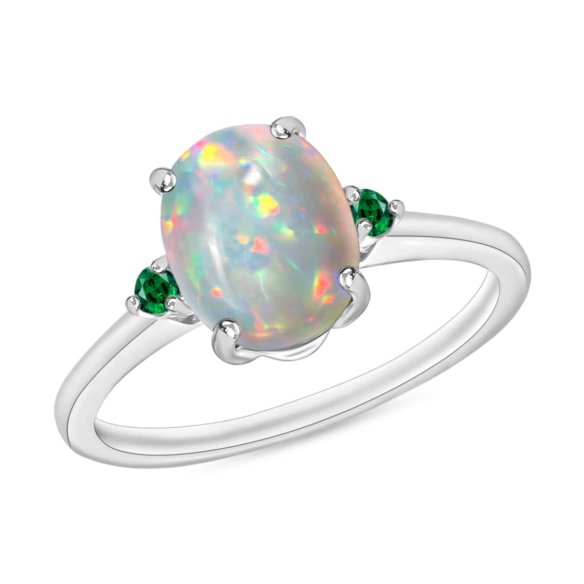 Luxoro Premium Ethiopian Welo Opal and Boyaca Colombian Emerald 1.30 ctw Ring in 14K White Gold (Size 4.0) 4 Grams image number 0