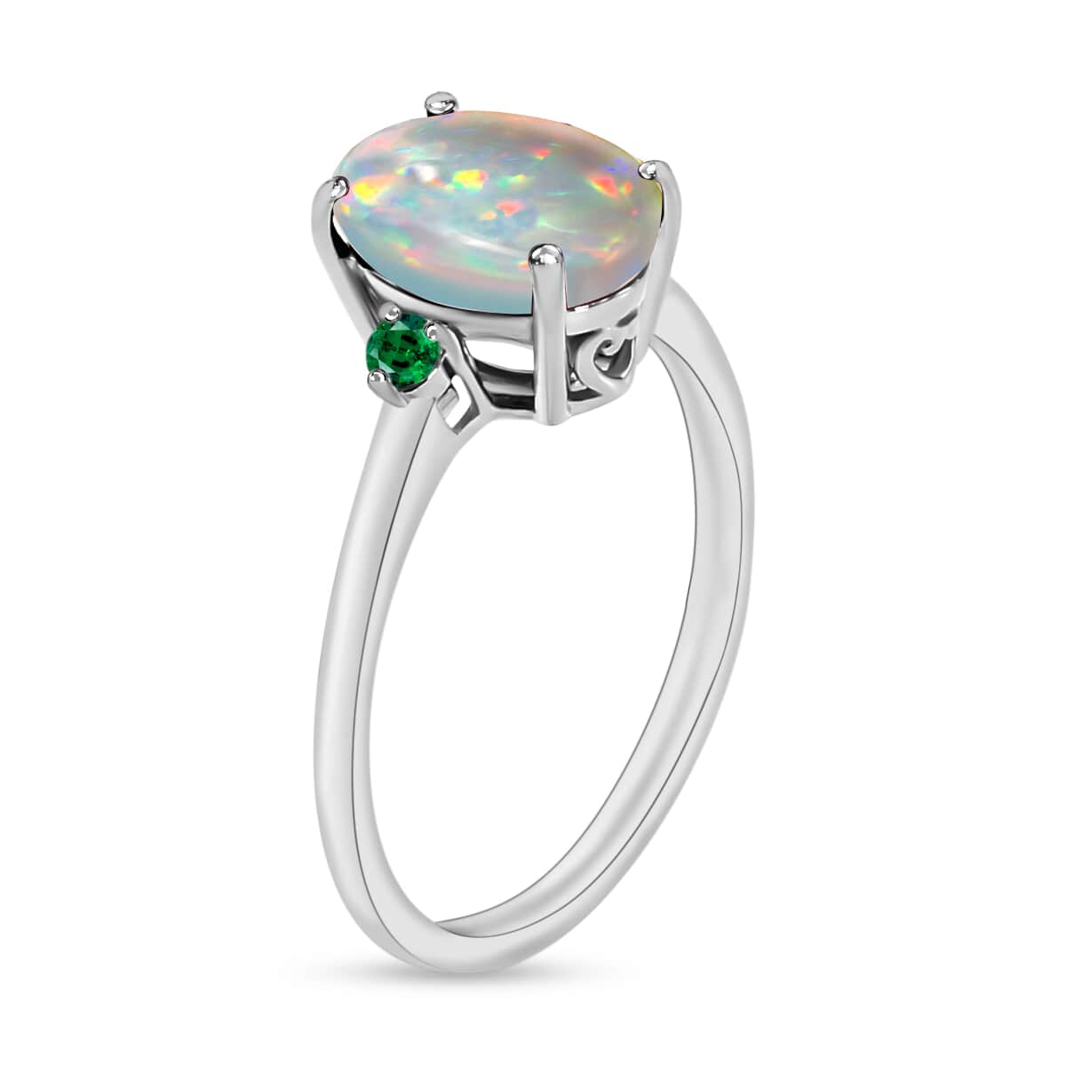 Luxoro 14K White Gold Premium Ethiopian Welo Opal and Boyaca Colombian Emerald Ring (Size 4.0) 4 Grams 1.30 ctw image number 2
