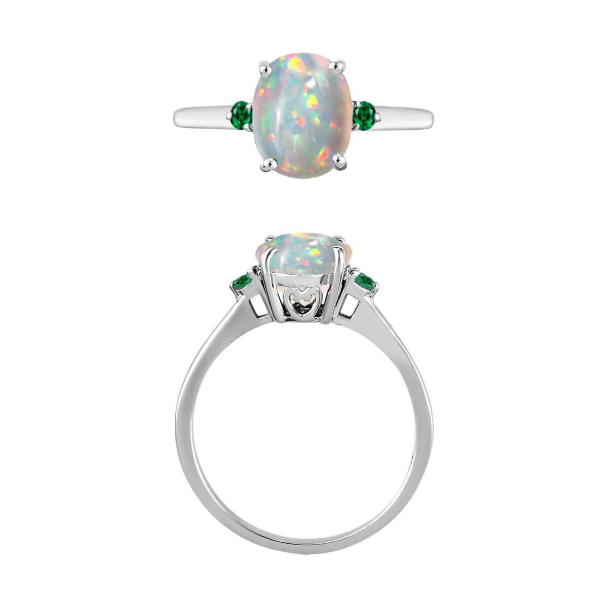 Luxoro 14K White Gold Premium Ethiopian Welo Opal and Boyaca Colombian Emerald Ring (Size 4.0) 4 Grams 1.30 ctw image number 3