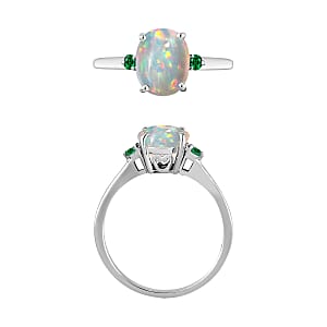 Luxoro Premium Ethiopian Welo Opal and Boyaca Colombian Emerald 1.30 ctw Ring in 14K White Gold (Size 4.0) 4 Grams (Del. in 10-12 Days)