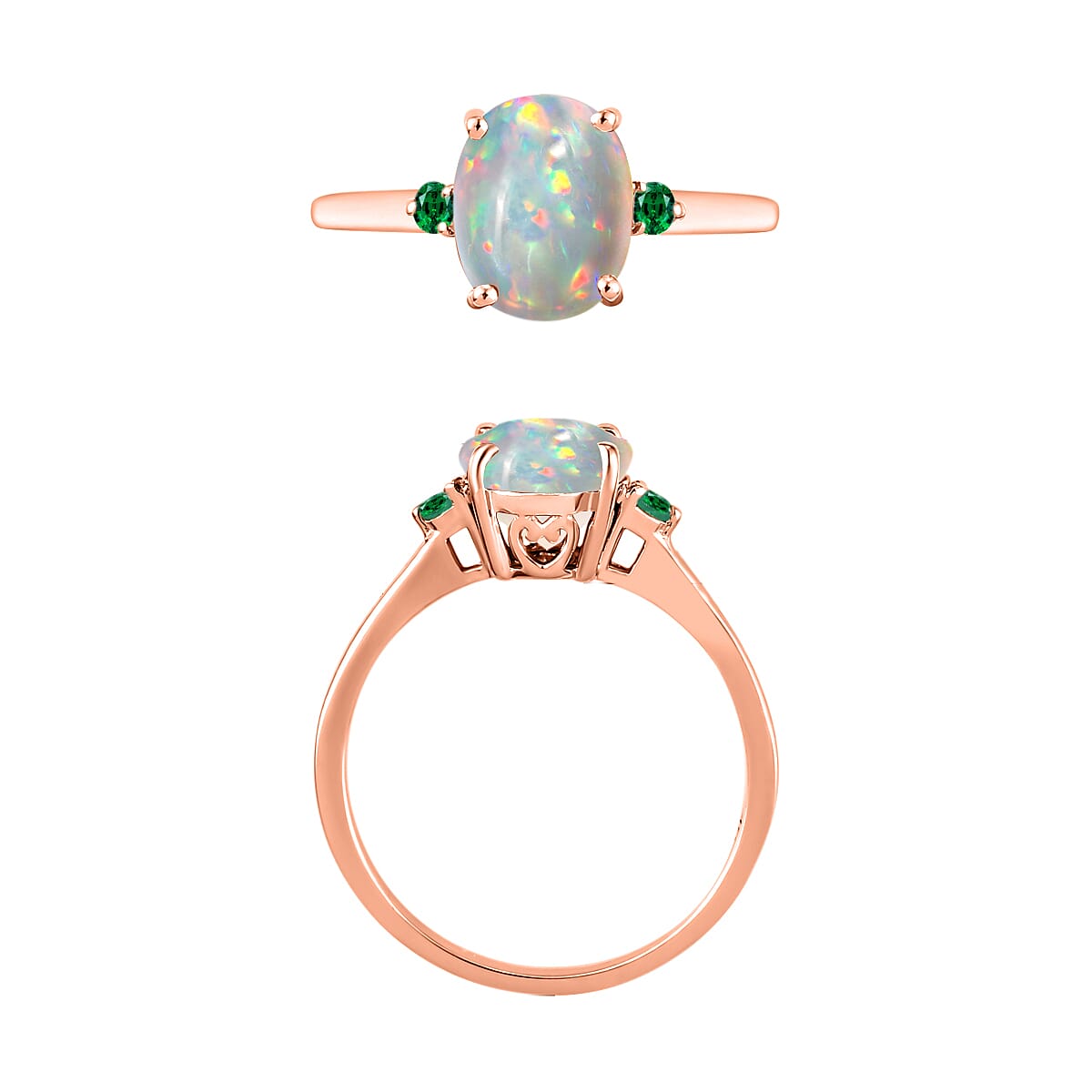 Luxoro Premium Ethiopian Welo Opal and Boyaca Colombian Emerald 1.30 ctw Ring in 14K Rose Gold (Size 9.5) 4 Grams (Del. in 10-12 Days) image number 3