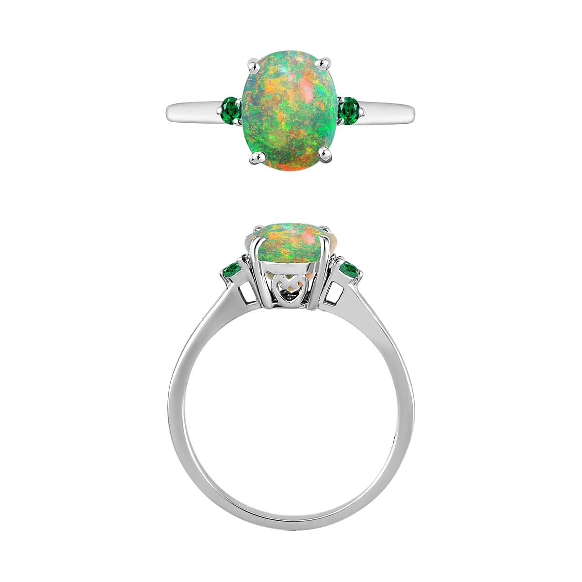 Rhapsody 950 Platinum AAAA Ethiopian Welo Opal and Boyaca Colombian Emerald Ring (Size 4.0) 5.50 Grams 1.30 ctw image number 1