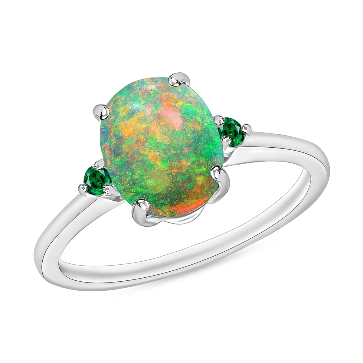 Rhapsody 950 Platinum AAAA Ethiopian Welo Opal and Boyaca Colombian Emerald Ring (Size 8.0) 5.50 Grams 1.30 ctw image number 0